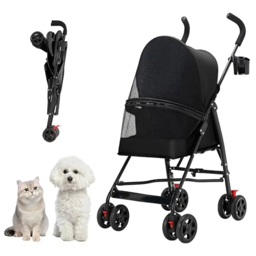Pet Stroller with Mesh Ventilation, Lightweight Foldable Design, Cup Holder