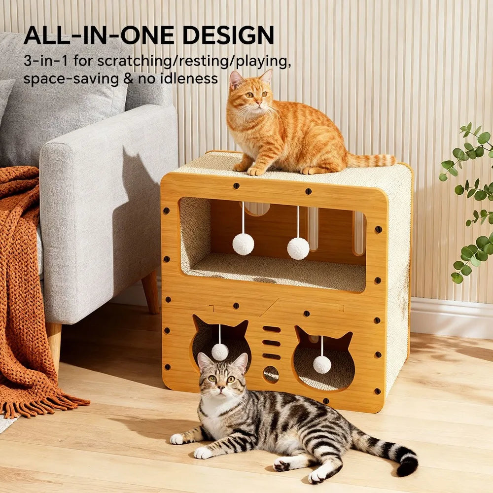 Two-story multifunctional I YAN cat house with scratching boards, bed, and ball toys in a cardboard apartment for indoor cats.