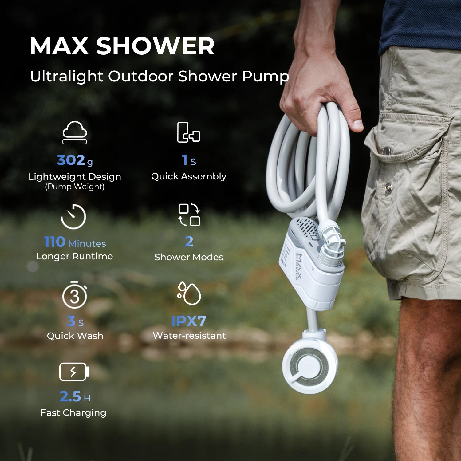 Outdoor Camping Shower Portable without Box Electric Shower Pump IPX7 Waterproof for Outdoor Shower, Car Wash, Dishwash