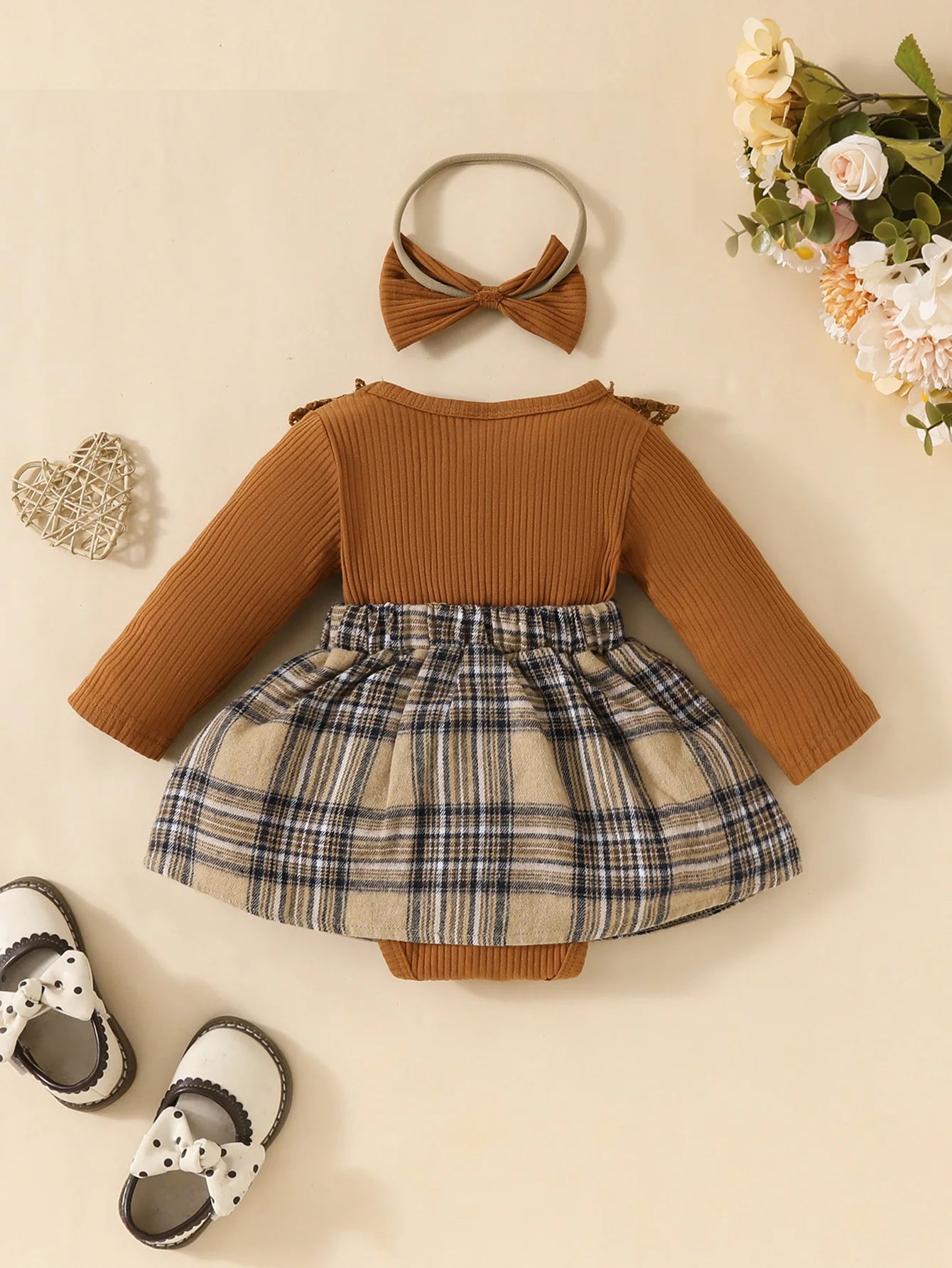 Baby Gilrs Long Sleeve Autumn/Winter Plaid With Bow Honey Jumpsuit For Newborn-18M Vacation Wear +Headband