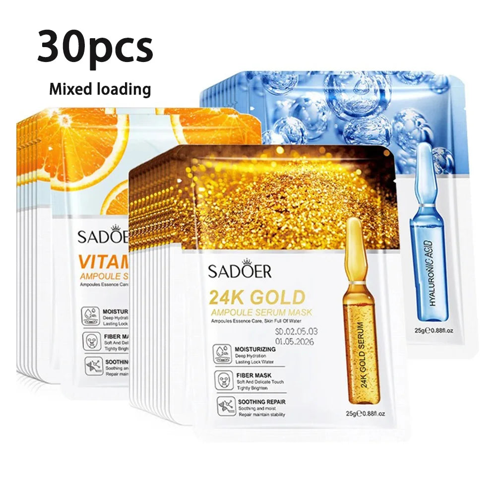 30/15pcs SADOER 24K Gold Vitamin C Hyaluronic Acid Facial Masks Face Moisturizing Firming Hydrating Face Mask Facial Skin Care