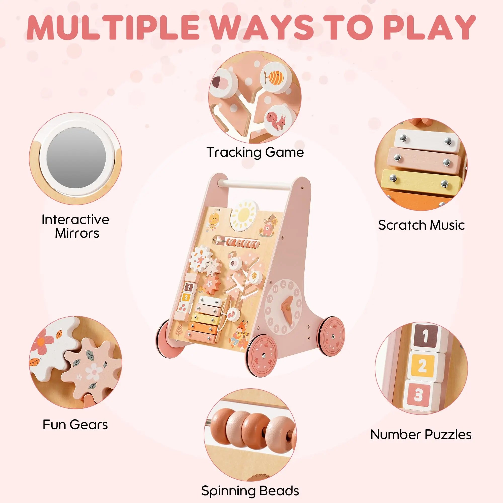 I YAN ROBOTIME ROBUD wooden baby walker with activity center, storage, and colorful toys for boys and girls.