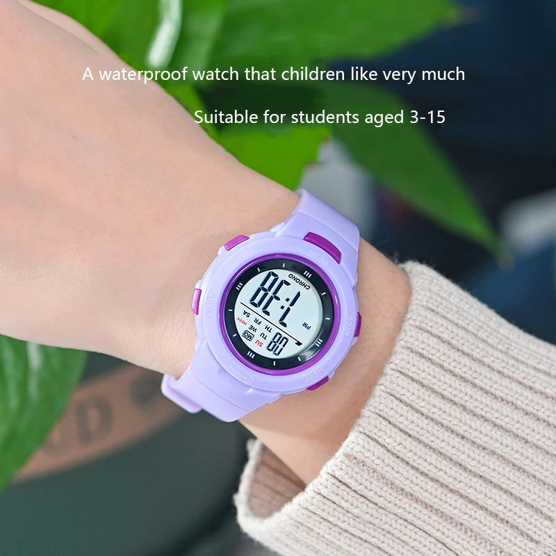 I YAN UTHAI CE49 kids' waterproof luminous smart watch showing time and alarm features for boys and girls.
