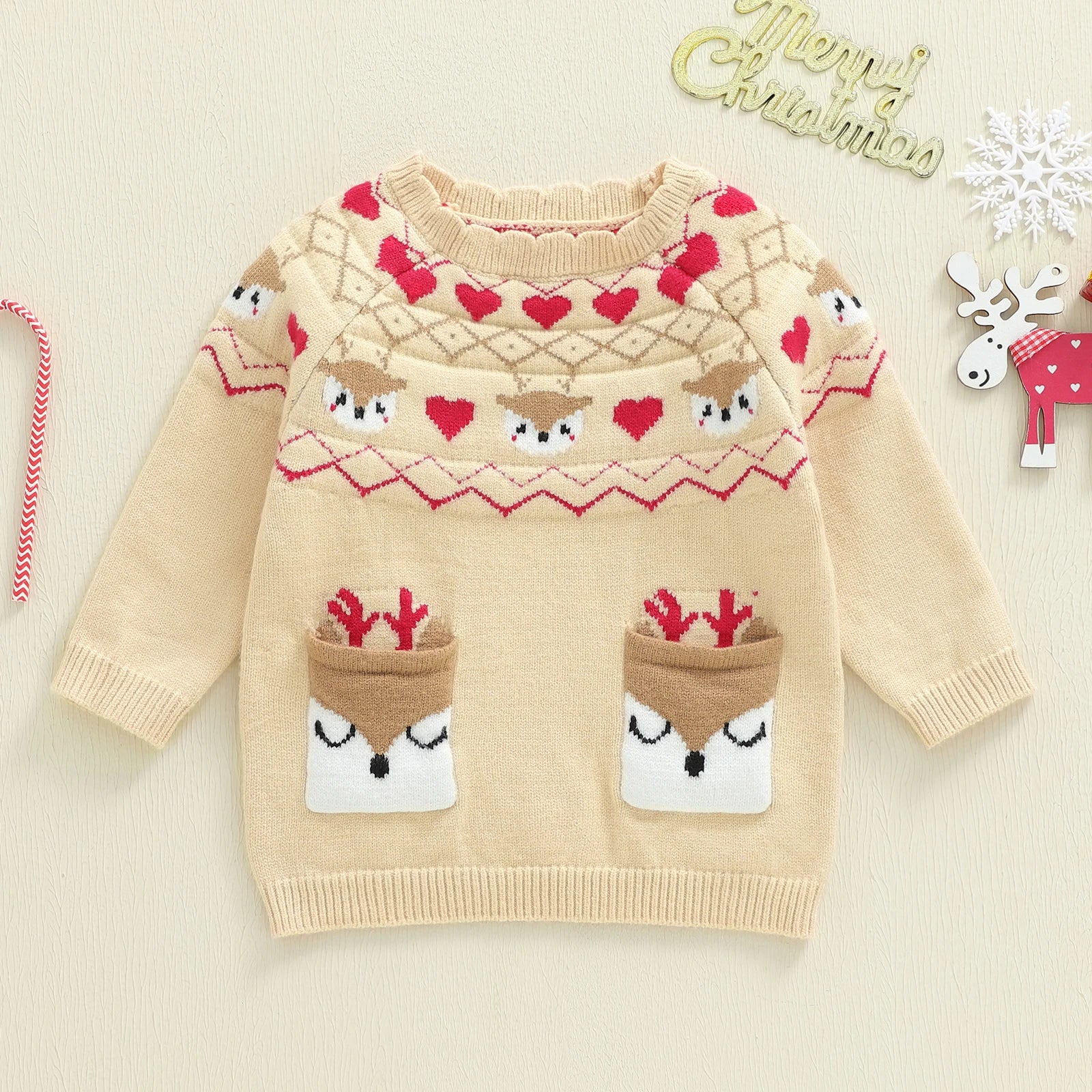 Toddler Boys Girls Fall Winter Christmas Sweater Long Sleeve Crew Neck Reindeer Knit Tops Colorful Pullover Tops for 0-4 Years