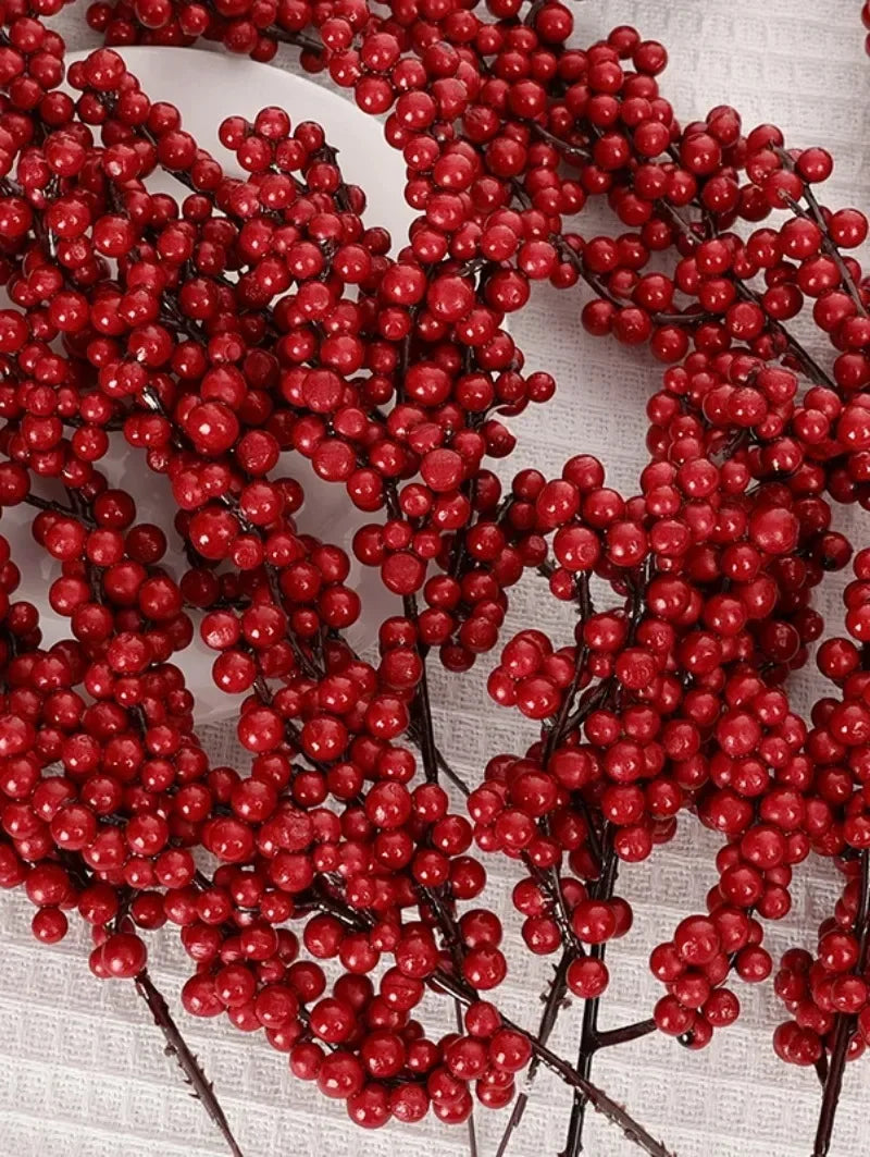 1/60PCS Christmas Red Berries Branch Artificial Holly Berry Stamen Flowers Wreath for Tree Ornaments New Year Party Home Decor