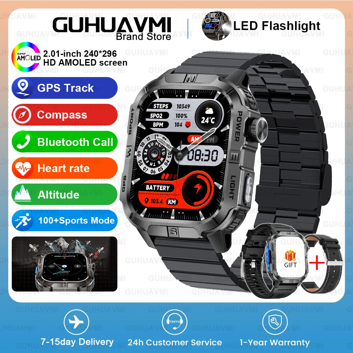 New Dual-Band Satellite GPS Smart Watch Men 2.01'' HD Screen Compass Military Flashlight Watches Waterproof Swim Smart Bracelet