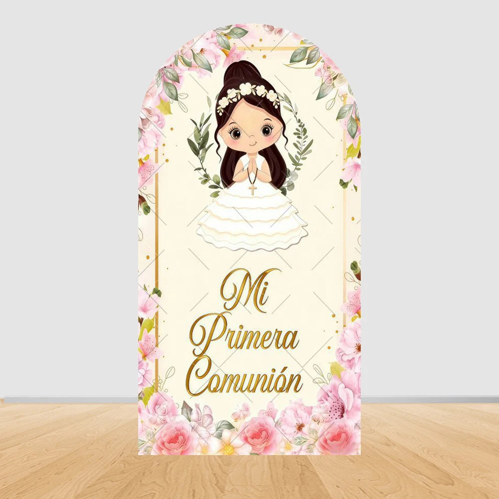 First Holy Communion Arch Backdrop Cover Boys Girls Christening God Bless Cross Green Leaves Decor Backgrounds for Photographs
