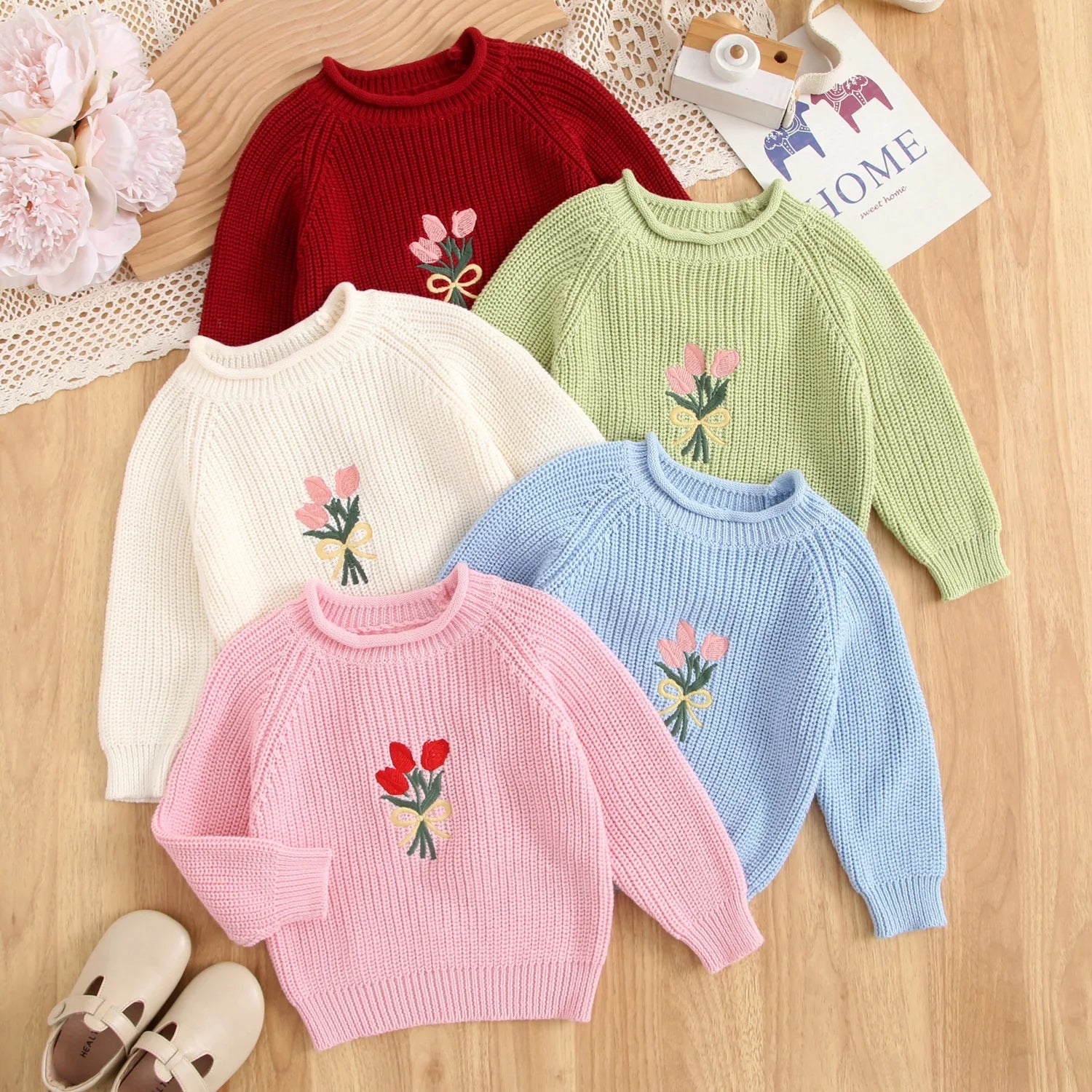 Girl Cotton Knit Pullover Embroidered Tulip Flower Sweater 2026 Spring Autumn 0-5Y Children Long Sleeve Clothing