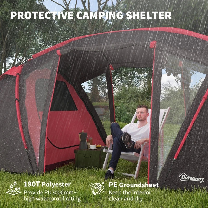 4-6 Man Family Camping Tent w/ 2 Bedrooms and a Living Room,with Waterproof Tunnel,Doors,Windows,Carry Bag, Grey  ﻿