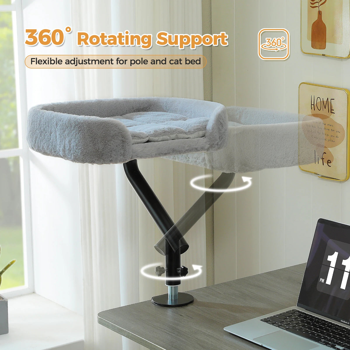 Soft cat desk bed on a stand, adjustable and rotatable, designed for indoor cats to relax comfortably on tables or hammocks.