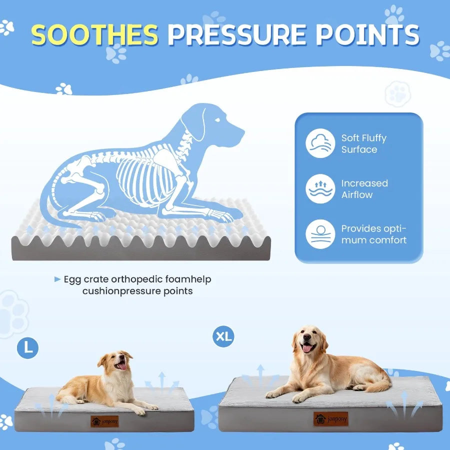 Orthopedic dog bed for large dogs with egg crate foam and washable waterproof cover, by I YAN, showing plush cushion and durable fabric