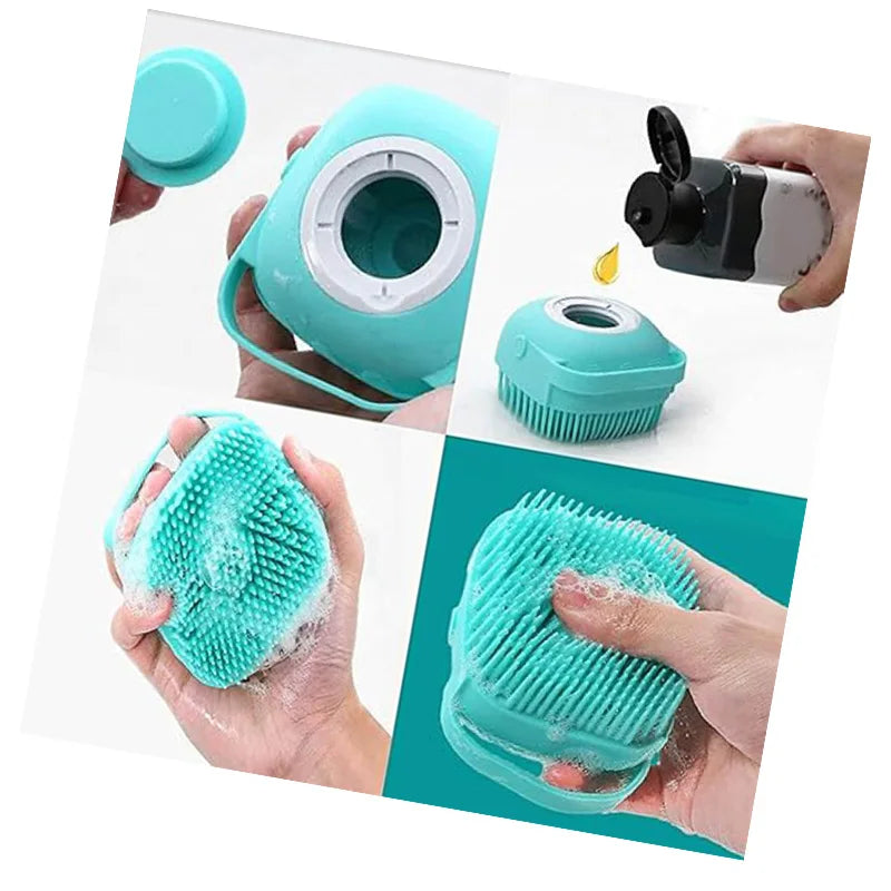 Pet bath massage brush with shampoo dispenser by I YAN, a 2-in-1 grooming tool for dogs and cats with soft bristles.