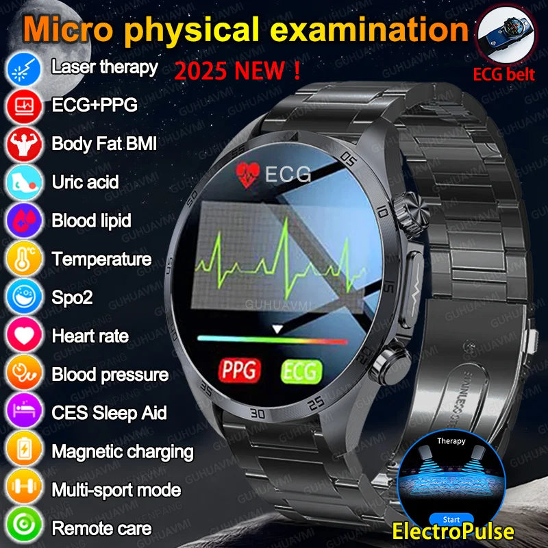 2026 New Pulse﻿ ECG+PPG Treatment Smart Watch Men Blood Lipid Uric Acid BP Body Fat Tired monitor Sports Health Call Smartwatch