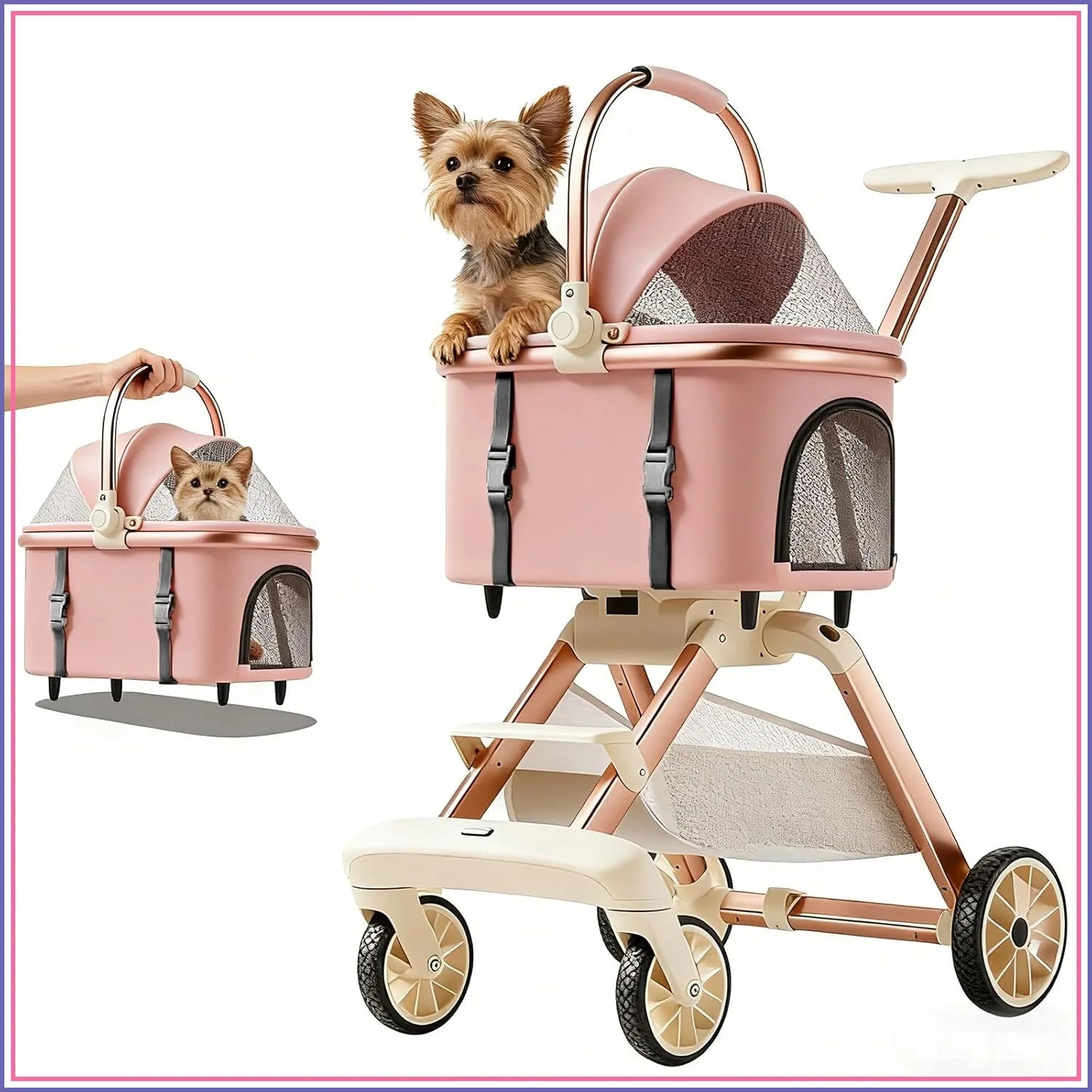 All-Terrain Pet Stroller for Small Medium Dogs & Cats, 20 lbs Capacity - Portable Carrier with One-Touch Brake, Lightweight Foldable Design & Shock Absorption Wheels