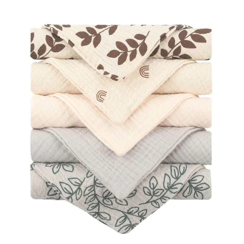 Set of five soft cotton baby face towels and burp cloths from I YAN, featuring absorbent gauze fabric and baby-friendly design.