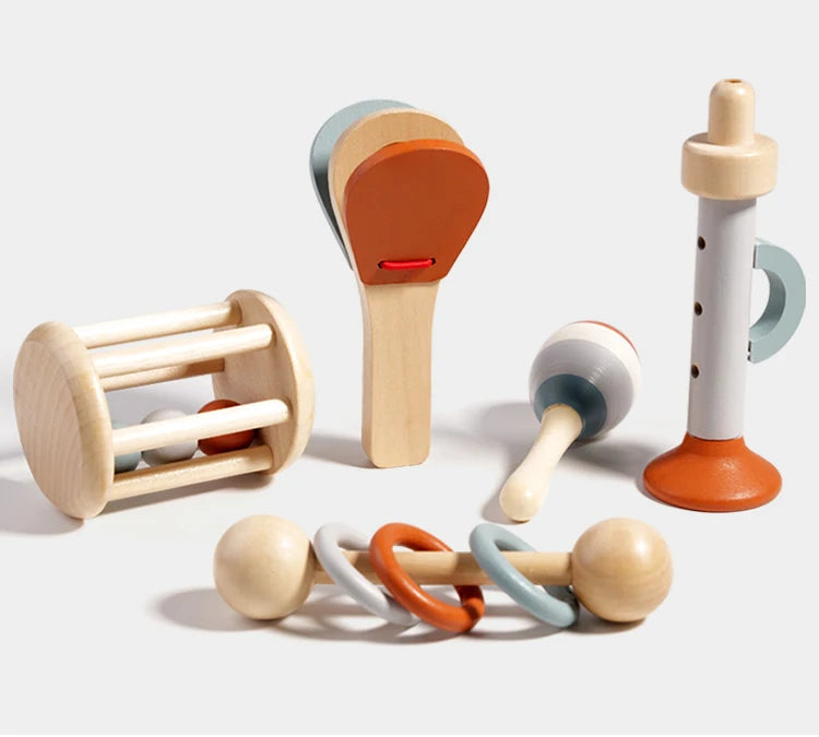 I YAN 5-piece baby musical instrument set with sensory rattles and percussion toys for early learning and development.