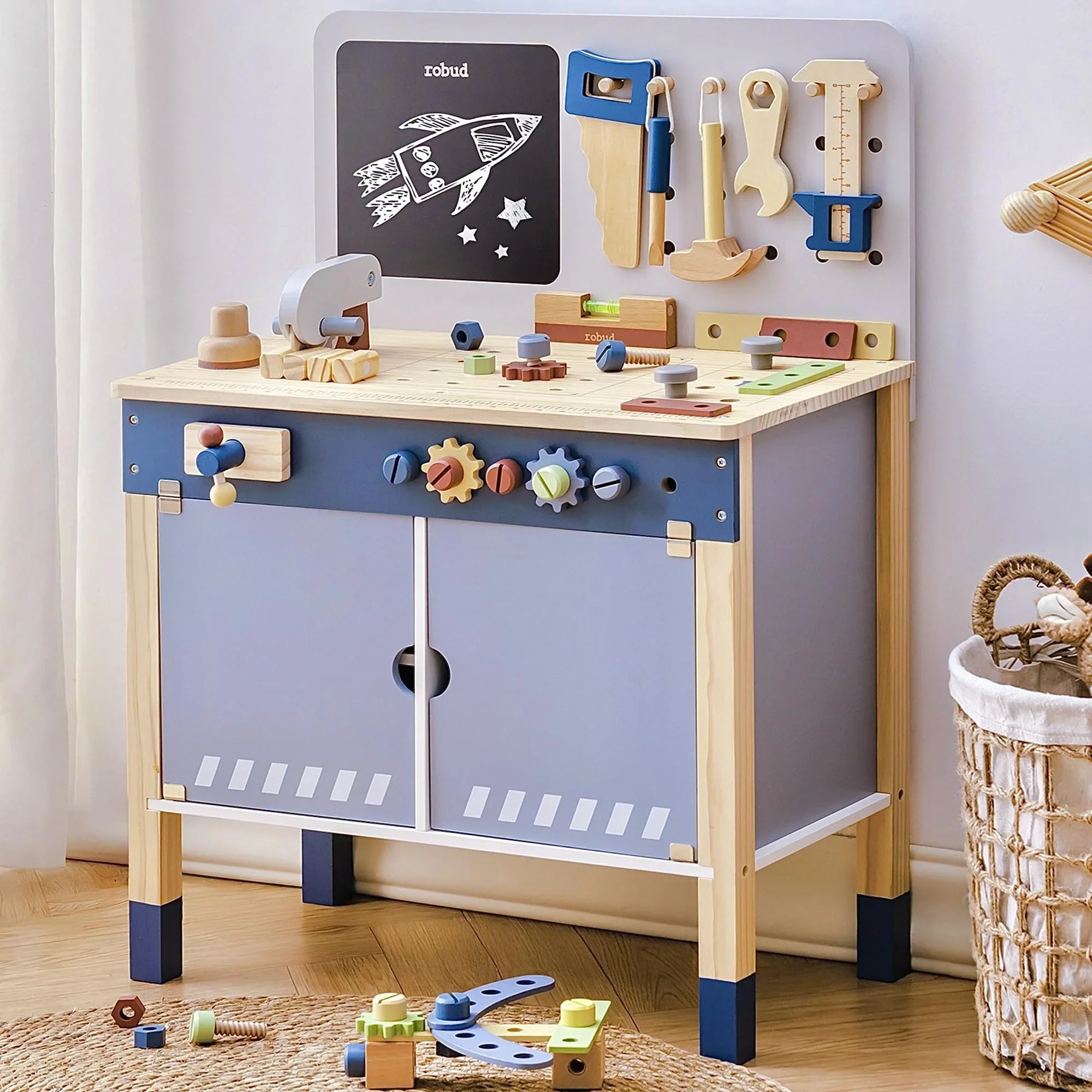 Robotime Robud wooden toy workbench by I YAN, large kid's play tool set with pretend tools for creative building and pretend play.