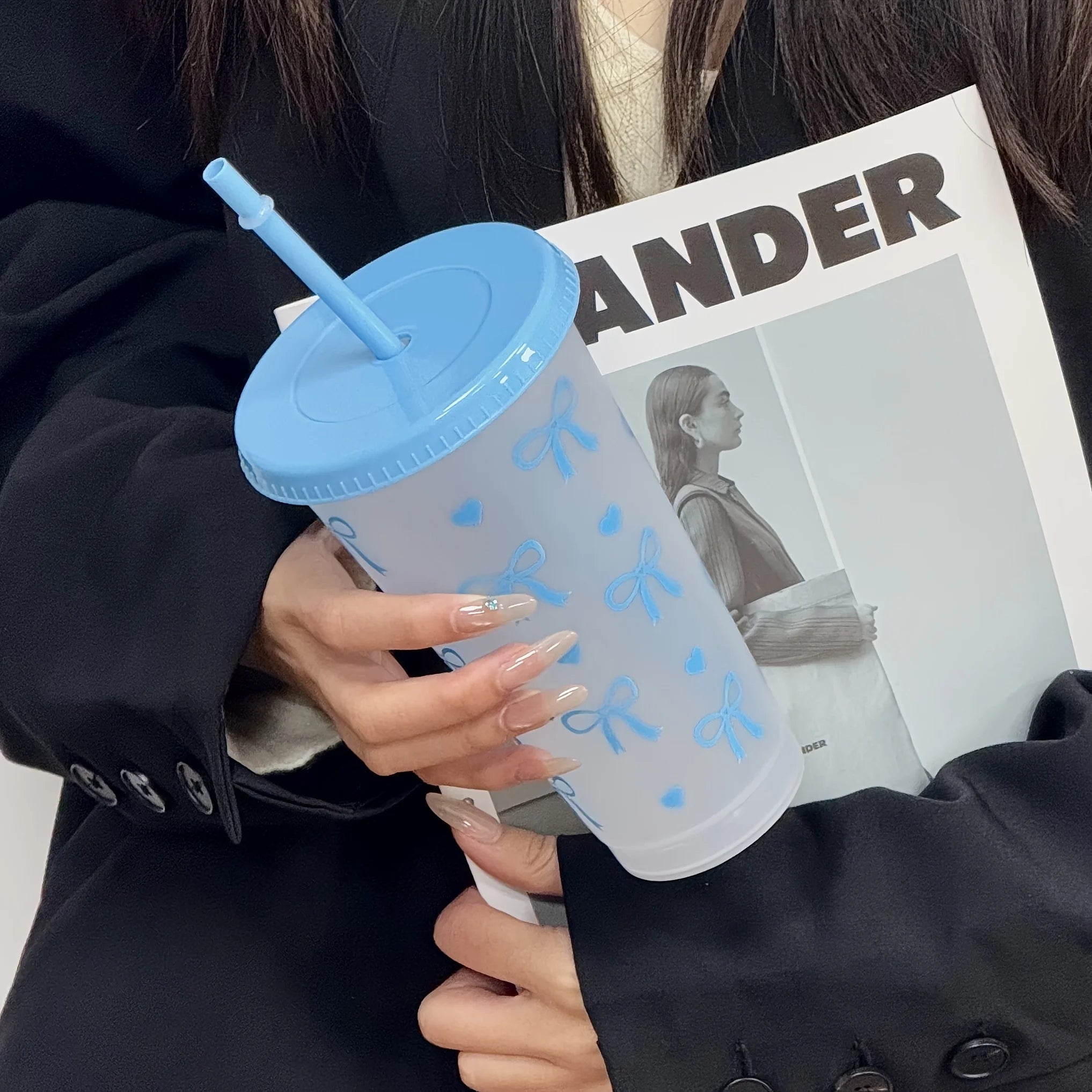 2/20pcs  Reusable Party Cups with Straw & Lid Cute Bow Plastic Tumblers for Cold Drinks Home Office Outdoor Use