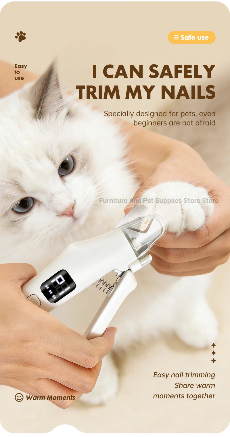 I YAN 2-in-1 electric pet nail trimmer with LED lights, suitable for small to large dogs and cats, showing the grinder and LED light features.