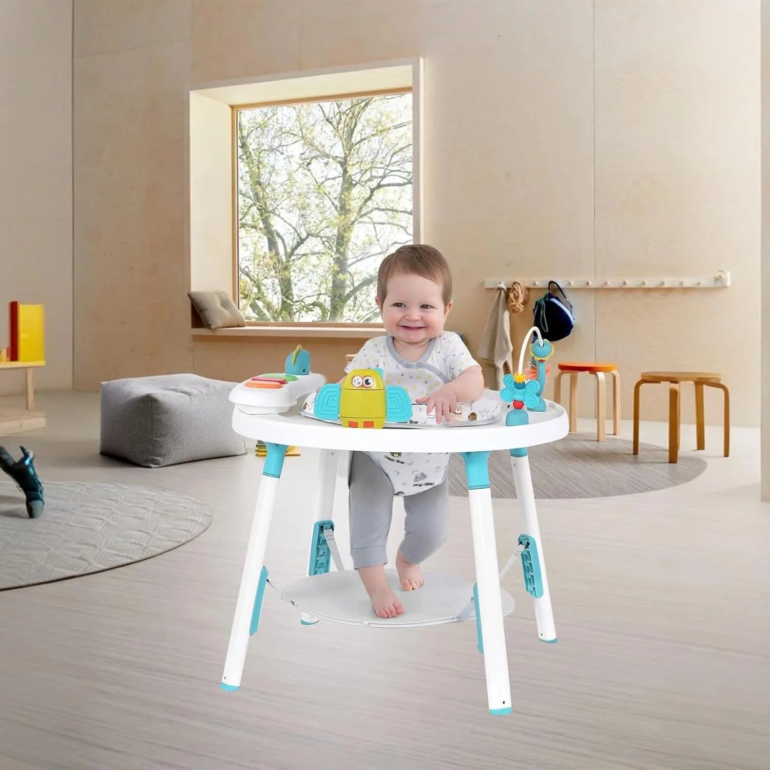 I YAN 3-in-1 baby activity center with detachable toys and a 360-degree rotating seat for toddler development and entertainment.