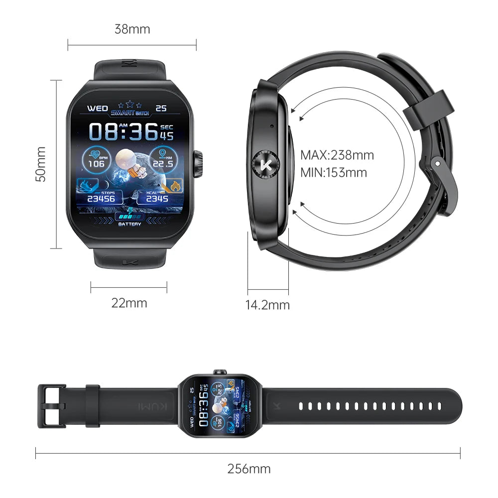 KUMI KU7 Smart Watch 1.96" AMOLED AI Voice Assistant Bluetooth Call NFC IP68 Waterproof SOS Heart Rate SpO2 Fitness