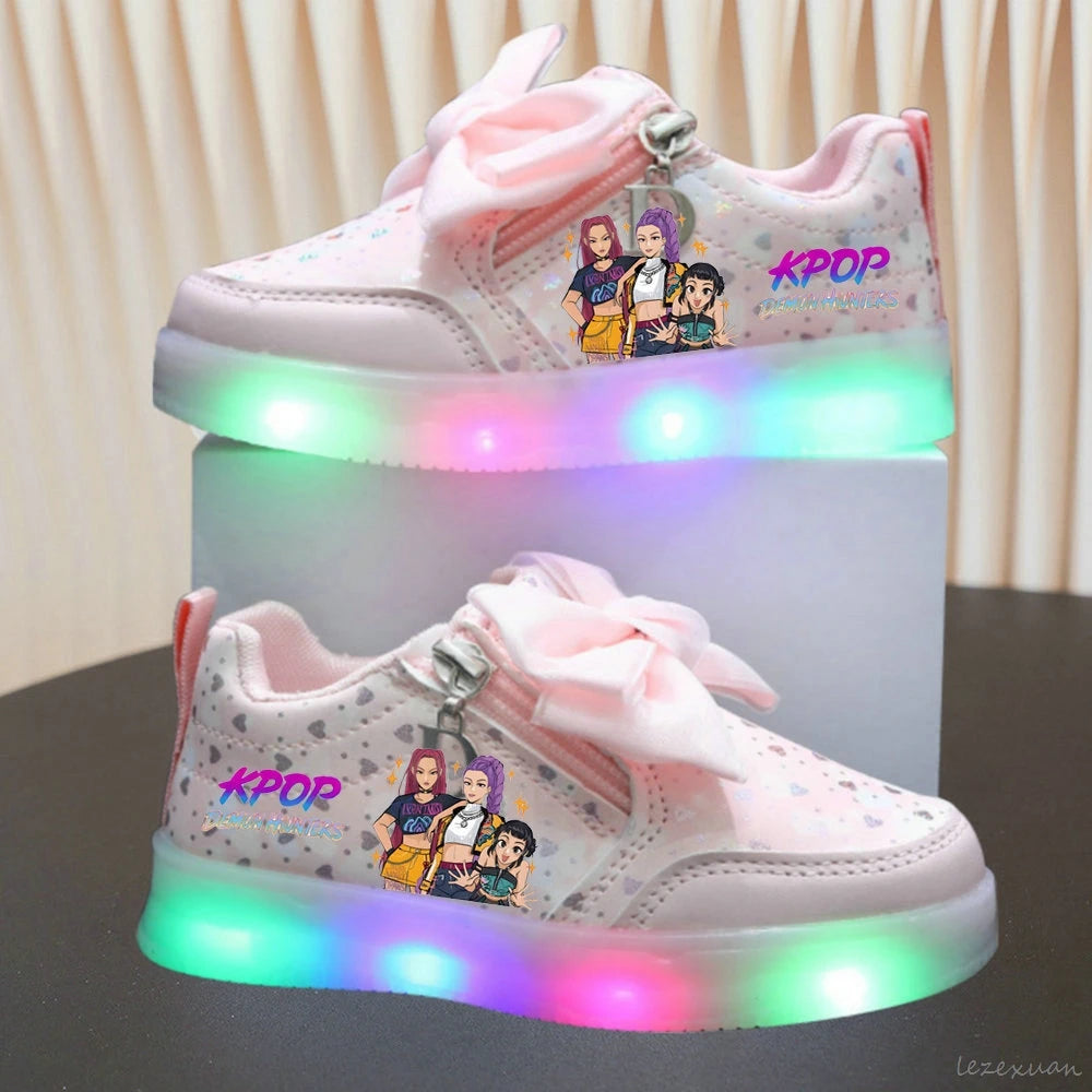 LED Casual Sneakers For Spring Girls KPop Demon Hunters Printed Mesh Breathable Shoes Children Lighted Non-slip Pink Purple