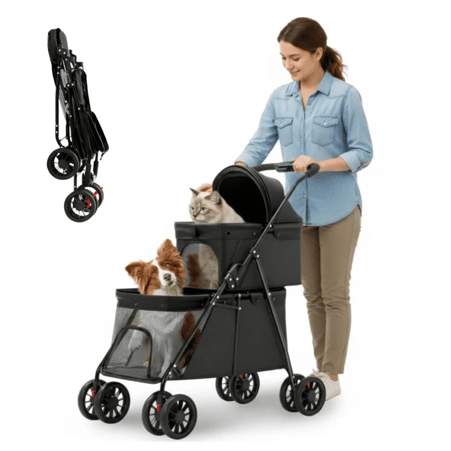 3-in-1Double Pet Stroller, Foldable Portable Pet Travel Strolling Cart for Medium Small Dogs Cats, up to 50lbs Dark Green
