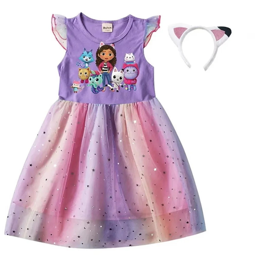 Summer Girls Daily Dresses Fly-sleeve Mesh Star Princess Dress Children's Cartoon Gaby Cosplay Costume+Headband Birthday Gift