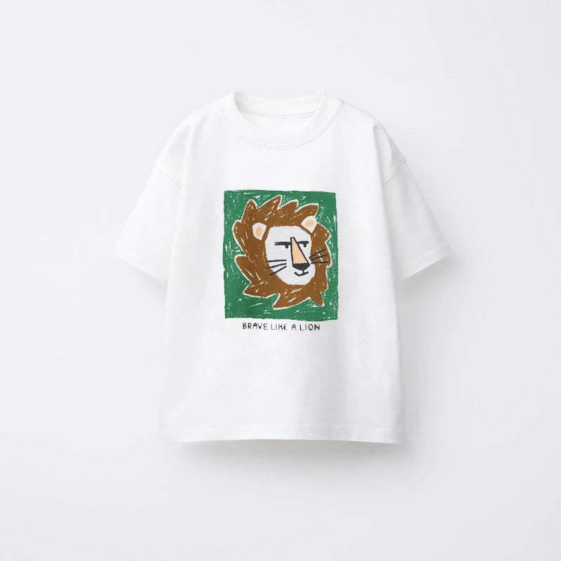 Animal pattern boys' T-shirt by I YAN, summer short sleeve top with round collar and playful print for kids.