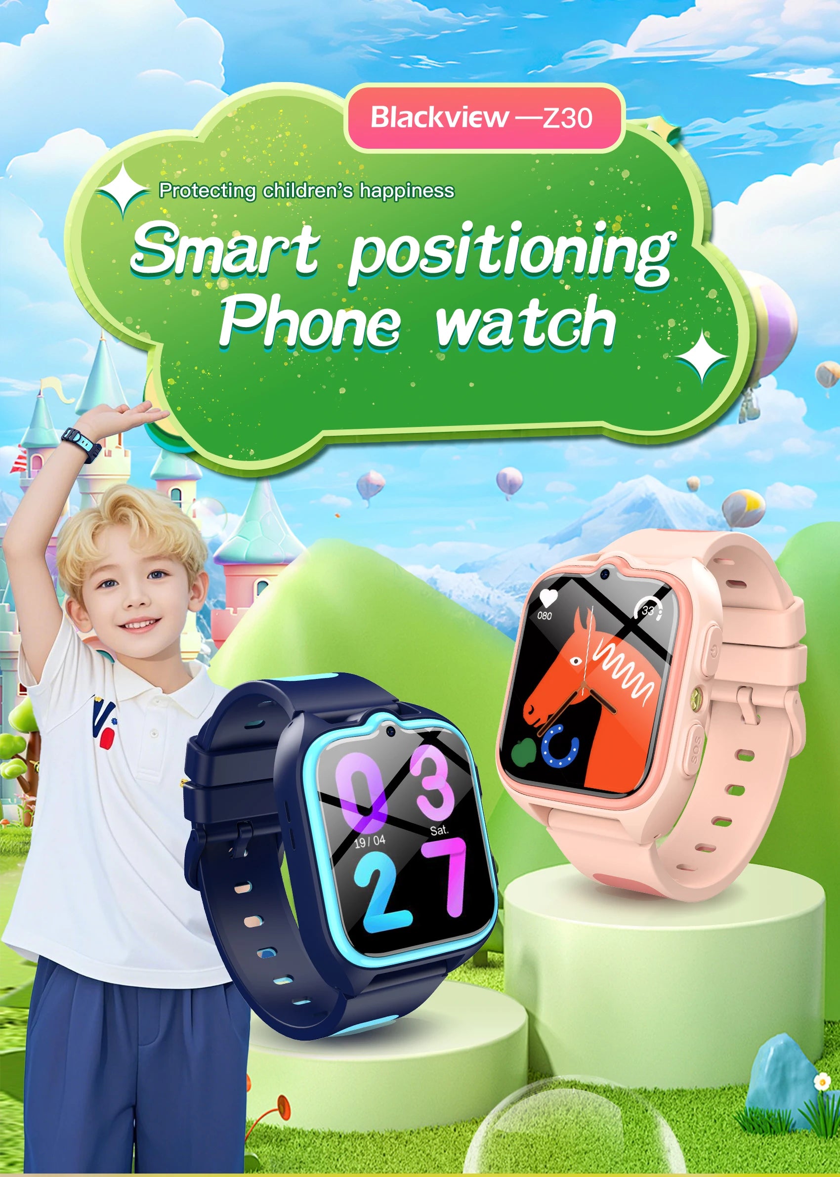 Blackview Z30 kids smartwatch by I YAN with GPS, WiFi, 4G video call, and AI positioning, featuring a colorful screen.