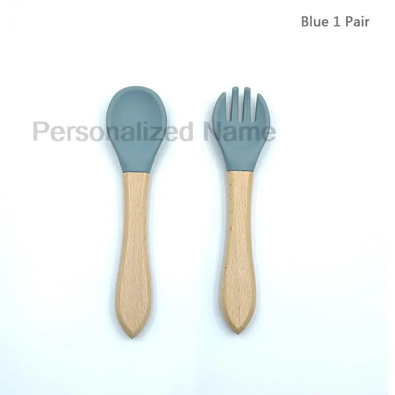 Baby Silicone Spoon & Fork Set – Soft BPA-Free Feeding Utensils with Wooden Handle - I YAN