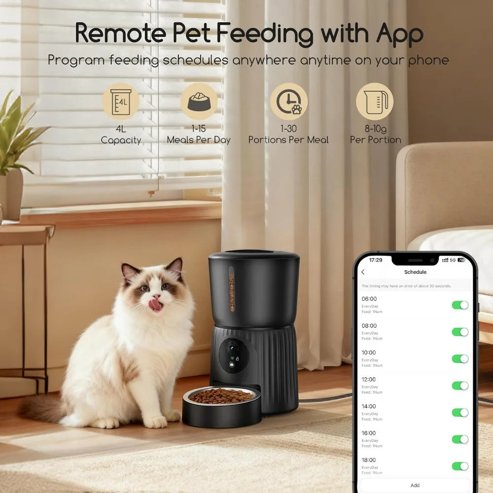 Automatic Cat Feeder with 1080P HD Camera, 5G WiFi Pet Feeder with APP Control, 2-Way Audio, Blockage Sensor for Cats or Small Dogs, 4L