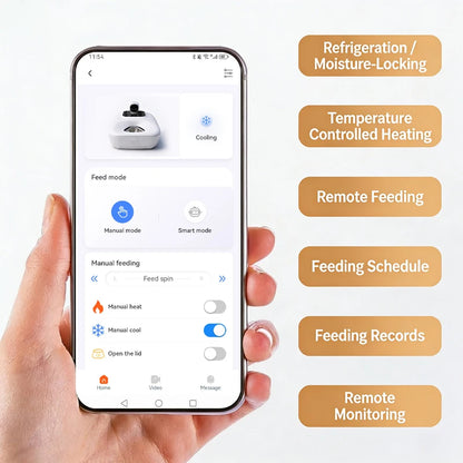 I YAN Smart 5-Meal Pet Wet Food Feeder with WiFi app control, built-in camera, and auto cooling system in a sleek design.