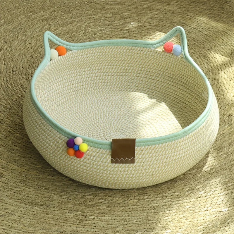 Round hand-woven rattan cat bed by I YAN, summer cooling cotton rope kitten basket with scratching surface for pets.