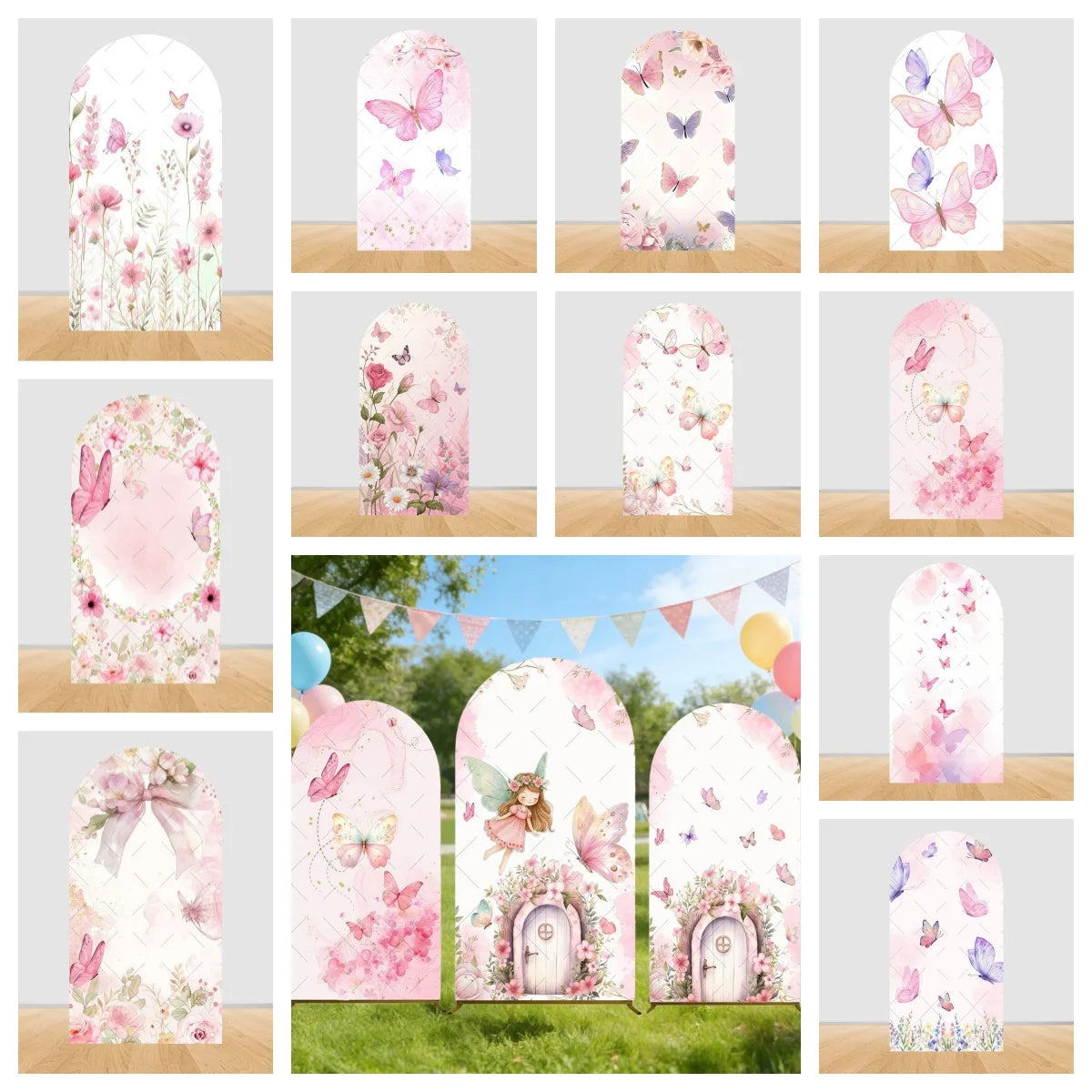 Fairy Woodhouse Arch Backdrop Cover Girl Birthday Party Baby Shower Pink Floral Butterfly Arch Background Photography Decoration