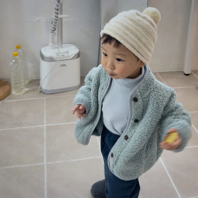 5125 Korean Children's Clothing 2024 Winter Boys and Girls Pure Color Lamb Wool Coat Plus Velvet Padded Jackets