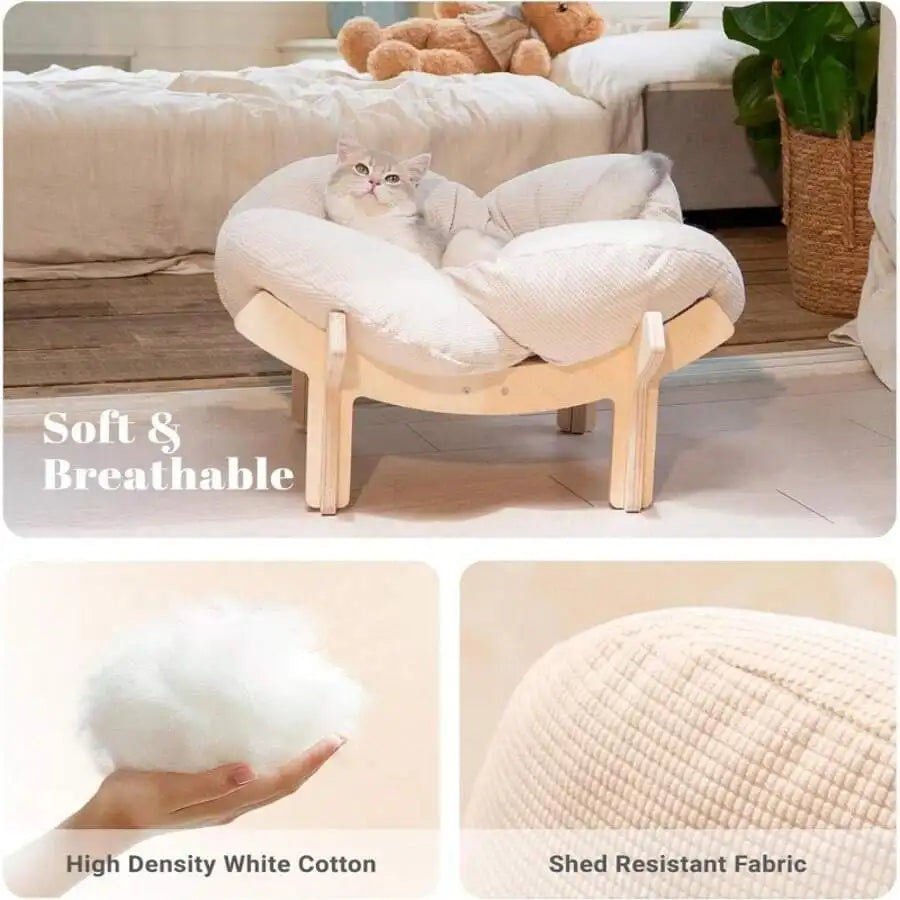 Wooden Elevated Cat Bed With Soft Cushion, Indoor Cat Hammock Lounge, Multi-Purpose Kitten Cradle, Modern Cat Sofa For Living