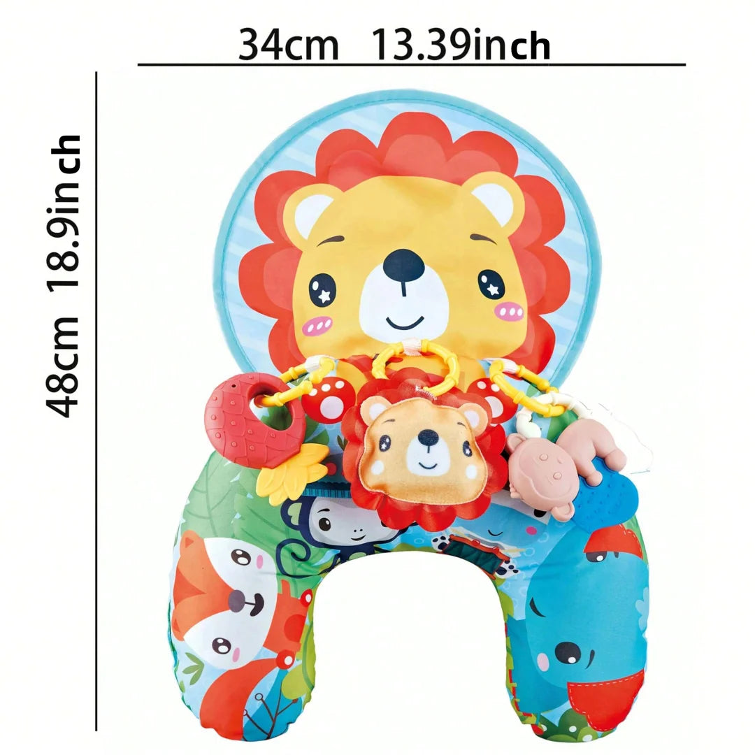 Colorful baby tummy time pillow with rattles and cartoon animal designs, serving as a multifunctional crawling mat for infants by I YAN.
