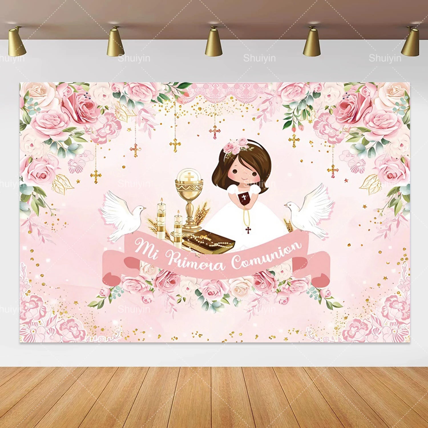 Boy Girl First Communion Backdrop Gold Cross Grail God Bless Baptism Party Decor Background Christening Baby Shower Photo Props