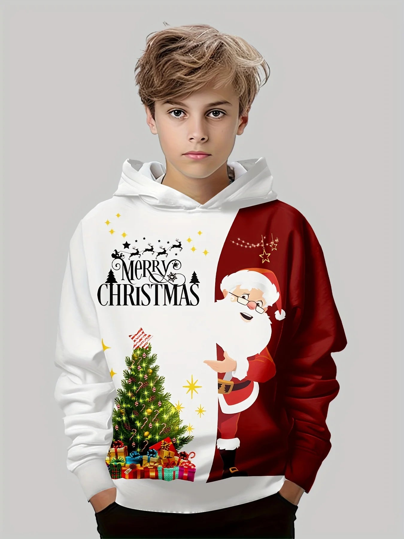 New Hot Sale Kids' Christmas Hoodie: Santa Claus & Tree Long-Sleeve Top, Autumn/Winter Party Gift For Parties and Play