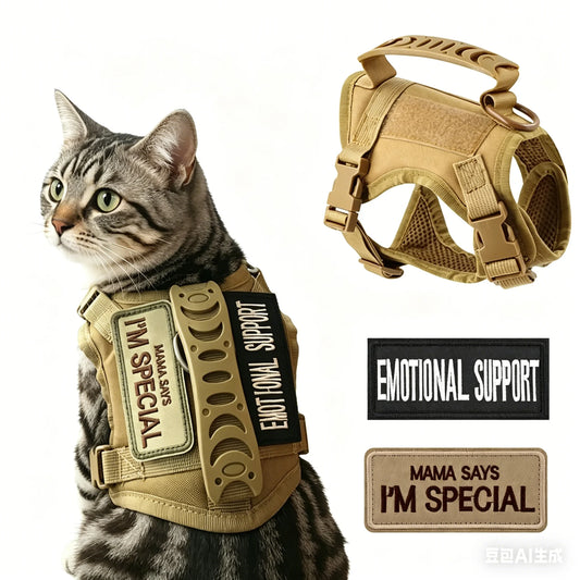 I YAN pet cat harness vest with leash and stickers, safe tactical design for cats, puppies, and small dogs, shown on a small pet.