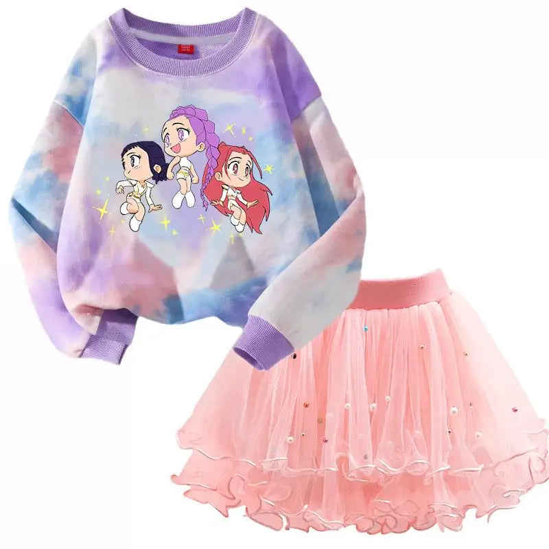K-Pop Hunters Zoey Mira Rumi Children Sweaters Girls Tie-dye Sweatshirt Pink Pullovers Kids Tops Tulle Princess Dresses Suit