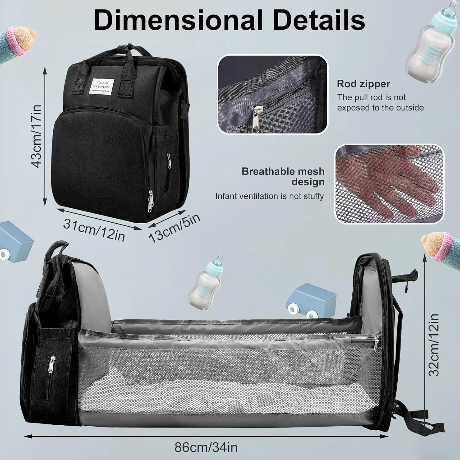 Baby Changing Nappy Bag with Changing Mat Large Capacity for Mum Waterproof Portable Backpack Foldable Bed Stroller StrapsTravel