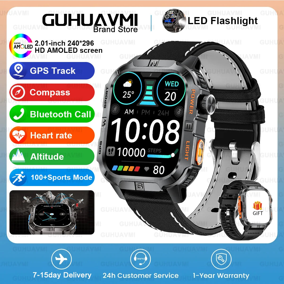 New Dual-Band Satellite GPS Smart Watch Men 2.01'' HD Screen Compass Military Flashlight Watches Waterproof Swim Smart Bracelet