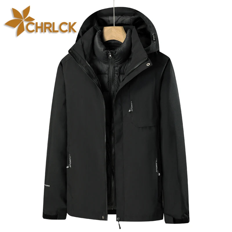 Men's 3 In 1 Thick Hiking Jacket Down Cotton Waterproof Winter Windbreaker Outdoor Warm Camping Jacket Windproof Coat