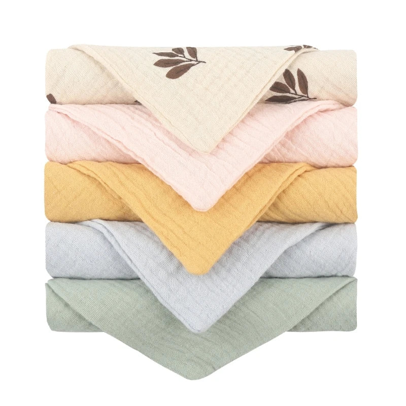 Set of 5 I YAN cotton baby face towels and burp cloths featuring soft, absorbent gauze for feeding and cleaning.
