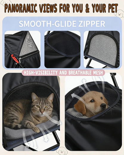 Lightweight I YAN pet stroller for small dogs and cats, foldable 4-wheel design with storage basket for portable travel comfort.