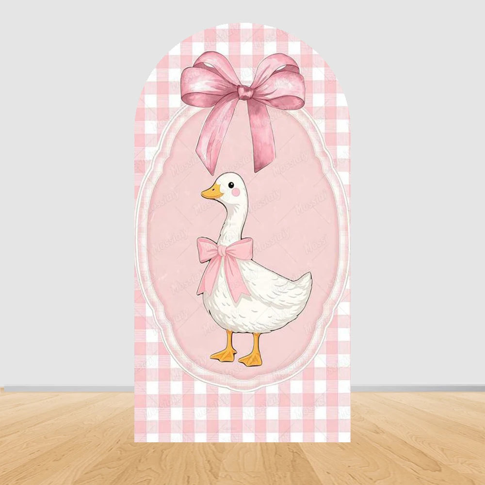 Cartoon Big White Goose Pink Bow Arch Cover Backdrop Children Baby 1st Birthday Party Baby Shower Decor Background Double-Sided