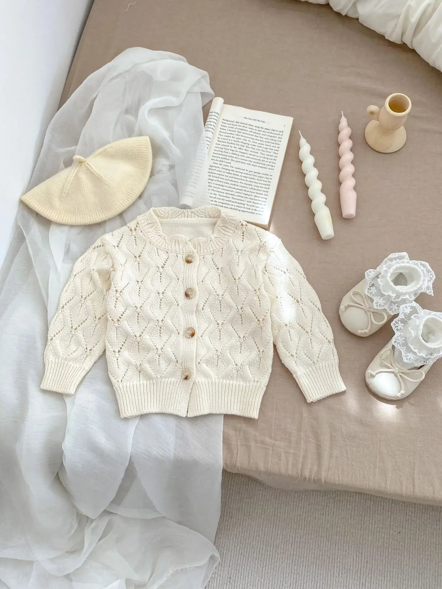 Baby Girl Knit Cardigan & Shorts Set – Hollow-Out Sweater 2-Piece Outfit - I YAN