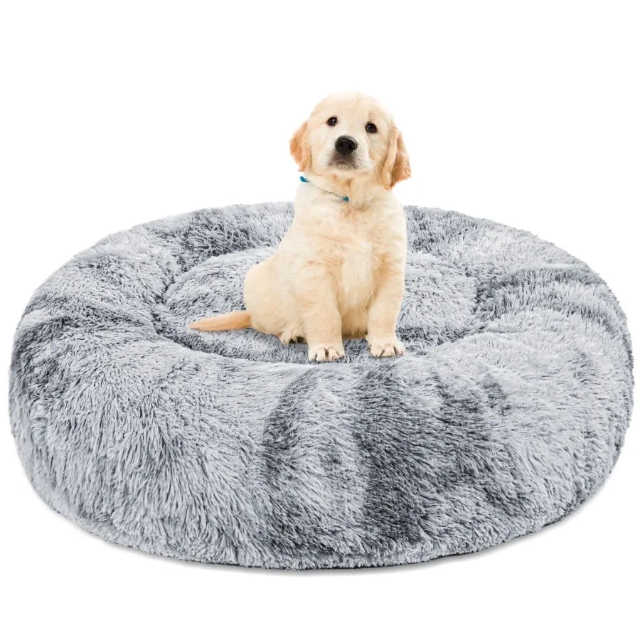Pink rainbow Calming Donut Pet Bed for small dogs by I YAN, plush cozy and warming anti-anxiety dog bed, 20-inch size